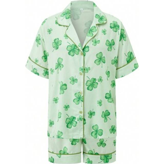 SHEIN Women 2 Piece Pajamas Set Irish Day Print Button Short Sleeves Tops And Elastic Shorts For Loungewear Soft Sleepwear
