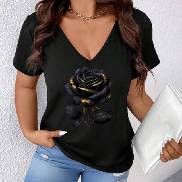 SHEIN Plus Size Women&#39;s Faux Rose Flower Print V-Neck Short Sleeve Casual Vacation T-Shirt