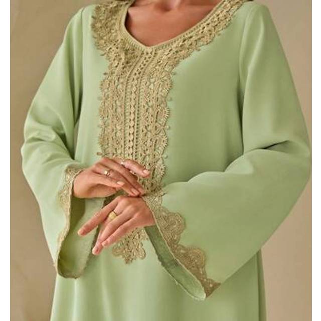 SHEIN Elegant Women&#39;s V-Neck Decal Decoration Long Arabic Dress, Modest