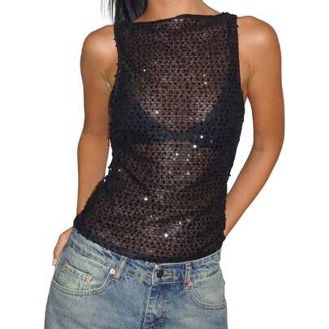 SHEIN Women&#39;s Sparkle Sequin Tank Tops Slim Fit Sheer See Through Stylish Solid Casual Sleeveless Vest Summer Shiny Sequin Going Out Tops Party Club Streetw