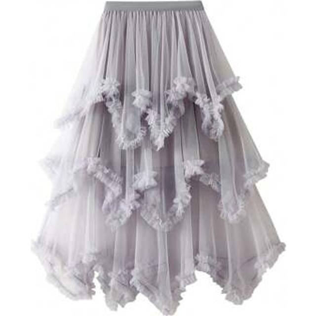 SHEIN Women Summer Layered Tulle Long Skirt, Fashion High Waist Solid Color Frill Trim Ruffle Midi Skirt