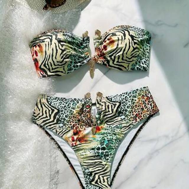 SHEIN 2pcs Women&#39;S Zebra & Leopard Print Bikini Set With Metal Ring - Stretchy Fabric, Vibrant Animal Patterns, High-Waisted Bottoms, Sexy Beachwear For Spr