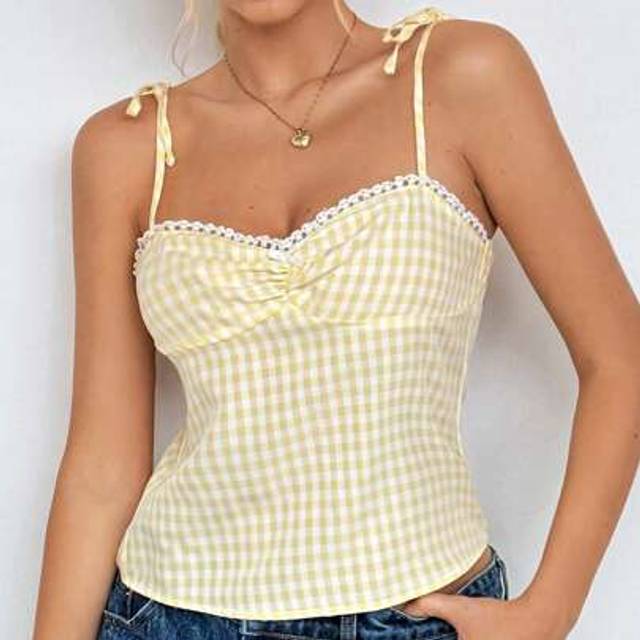 Flirla Yellow Checkered Cross Strap Backless Camisole, Sexy Women&#39;s Tank Top