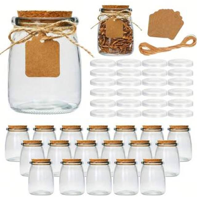 SHEIN 30pcs/20pcs/10pcs 200ml Mini Yogurt Cup Glass Jars With Soft Wood Lids, Pudding Container With Lids, Mason Jars Wedding Favors Honey Pot, With Labels