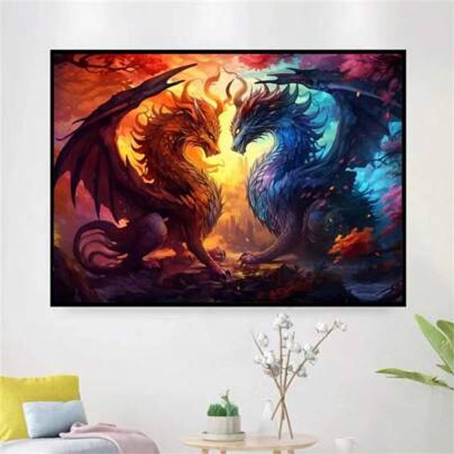 SHEIN Diamond Painting Kit - Fantasy Ice And Fire Twin Dragons - Crafts And Home Wall Decoration - Easy Adult DIY Gem Art