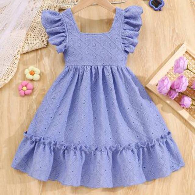 SHEIN Girls Summer Casual Simple & Comfortable Solid Color Cap Sleeve Bow Hollow Embroidered Floral Dress