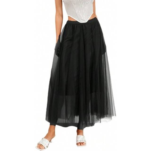 SHEIN Women&#39;s Long Tulle Skirts Elastic High Waist Mesh Flowy A-Line Party Midi Tutu Skirts