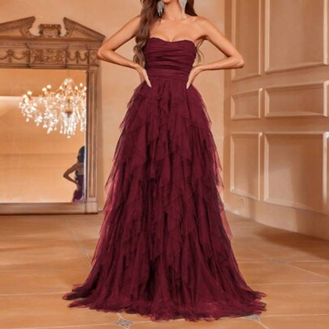 SHEIN Romantic Strapless Wedding Dress Bridal Gown With Layered Ruffled Tulle Skirt & A-Line Silhouette - Perfect For Classic Weddings, Graduation Dress, Ev