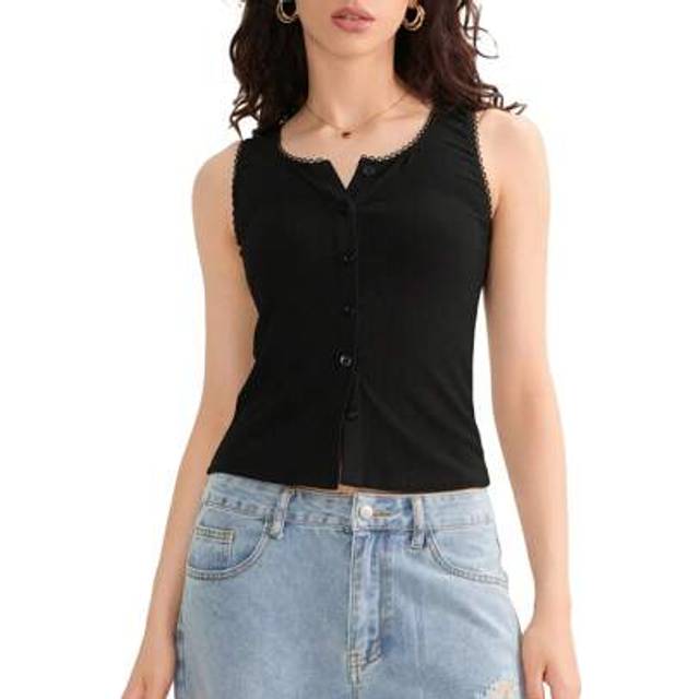 SHEIN Women Ribbed Knit Tank Tops Lace Trim Buttons Casual Vests Summer Loose Sleeveless Tops Daily Streetwear