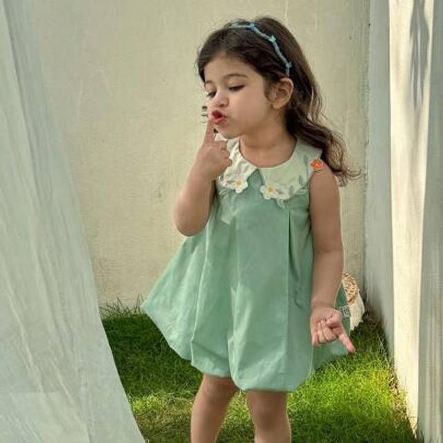 SHEIN Infant/Baby Girl Elegant Floral Embroidered Peter Pan Collar Sleeveless Bubble Dress, Suitable For Spring/Summer Summer Baby Girl Dresses Summer Dress