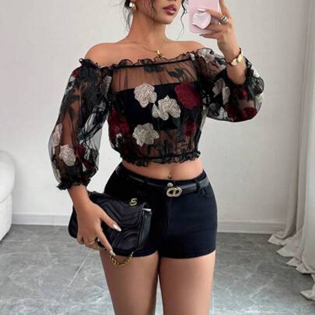 Calvaya Women&#39;s Vacation Casual Sheer Mesh Embroidered Blouse