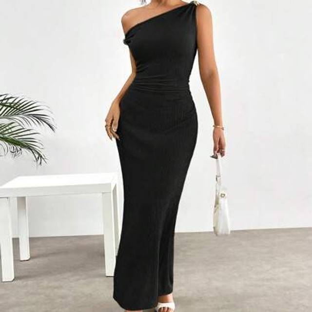 SHEIN Summer Knitted Jacquard Metal Buckle Decorated Spaghetti Strap Dress