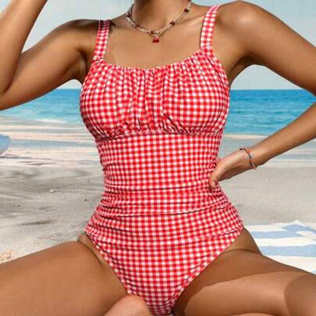 SHEIN Women&#39;s Summer Beach Vacation Style Printed Ruffle Fitted One-Piece Swimsuit