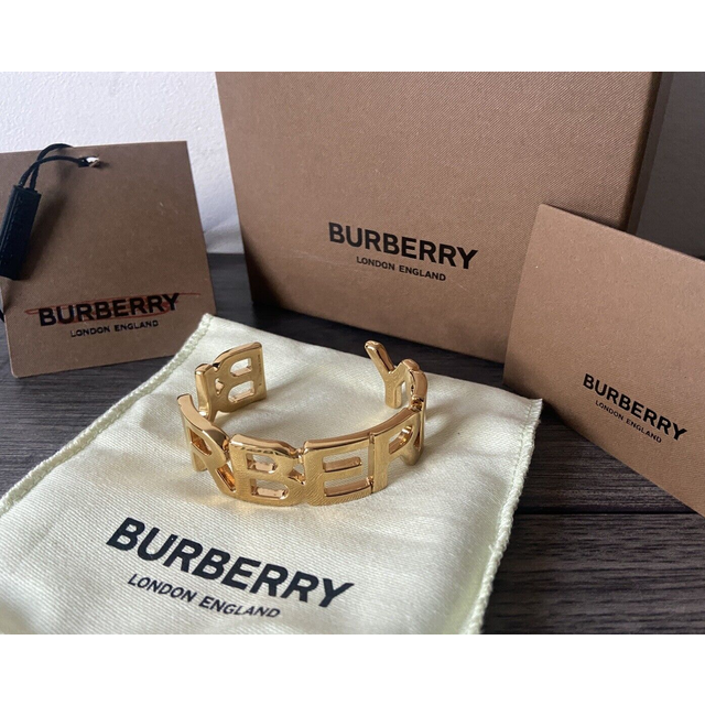 Burberry gold tone logo cuff bracelet size small made in italy retail £410 bnib