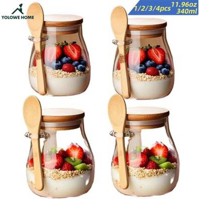 SHEIN 1/2/3/4 Packs-340ml Glass Jar,Overnight Oat Container With Lid And Spoon, Glass Food Storage Container,Kitchen Organizers And Storage,Container For Sp