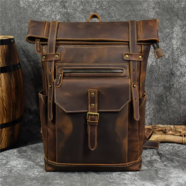 TEMU Men' Leather Backpack - Large Capacity, Cowhide, Multiple Compartments With Zipper Closure And Accents, Ideal For Hiking And , Adventure Gear| Design|distressed Leather