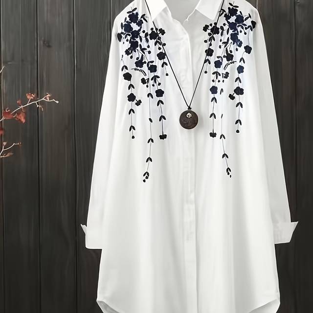 TEMU Women's Chic Embroidered Long Sleeve Blouse - White With Black , Spring/summer, Casual Attire, Casual Attire|floral Embroidery| Embroidery