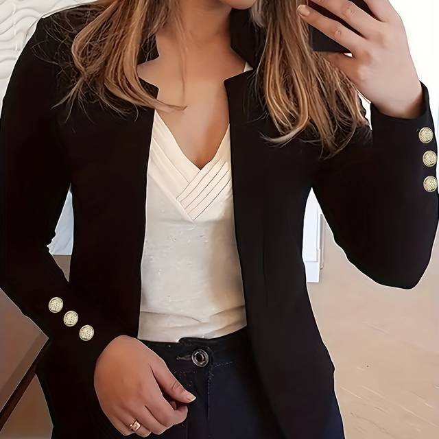 TEMU Solid Open Front Blazer, Casual Long Sleeve Button Blazer For Office & Work, Women's Clothing