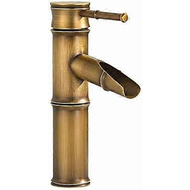 (As show, One size) Retro Brass Basin Faucet,Retro Single Handle Basin Faucet, Retro Waterfall Bamboo Pattern Sink Faucet, Antique Brass