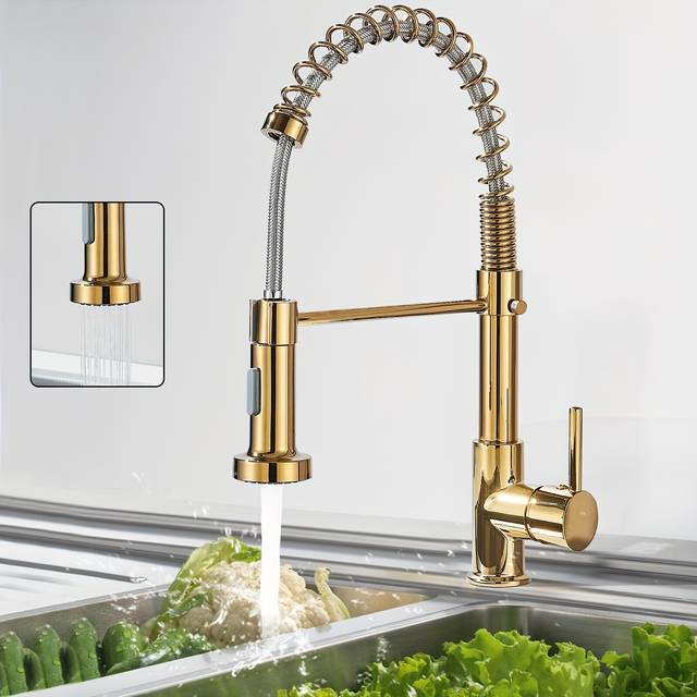 TEMU Gold Kitchen Taps Kitchen Sink Mixer Tap With Solid Brass Commercial Single Handle Single Hole Pull Down Sprayer Swivel Sprayer Mixer Tap