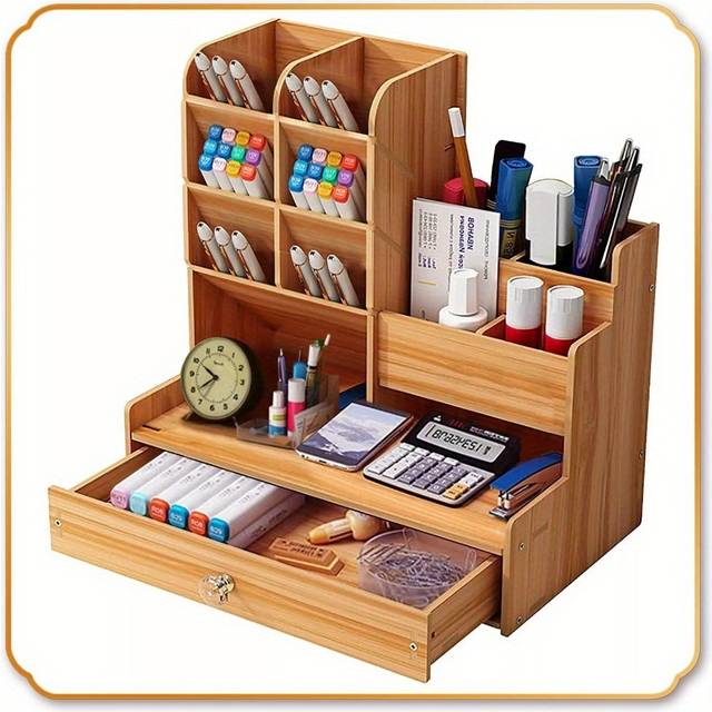 TEMU Office Study Desk Organizer Table Box Tidy Case Wooden Pen Pencil Storage Holder