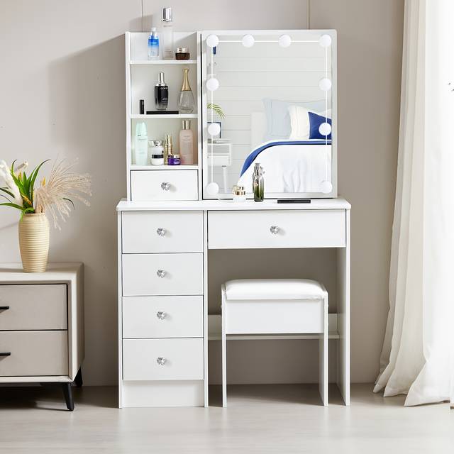TEMU Vanity Table W/10 Lighted Mirror 6 Drawers Makeup Desk Dressing Table Stool Set