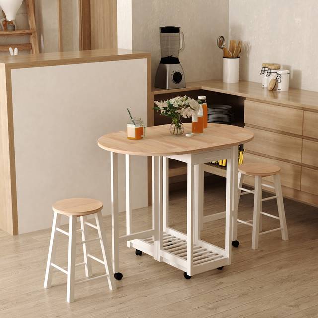 TEMU 3pc Wooden Kitchen Cart Mobile Rolling Trolley Folding Bar Table 2 Stools Dining Chair Storage Shelf W/2 Drawers & 6 Wheels
