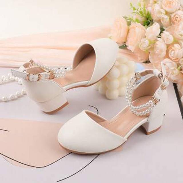 SHEIN Girls Pearl Decor Flower Girl Wedding Party Ballet Thick Heel High Heel Formal Dress, Dance Recital Shoes, Hook And Loop Floral Daily Casual Shoes For