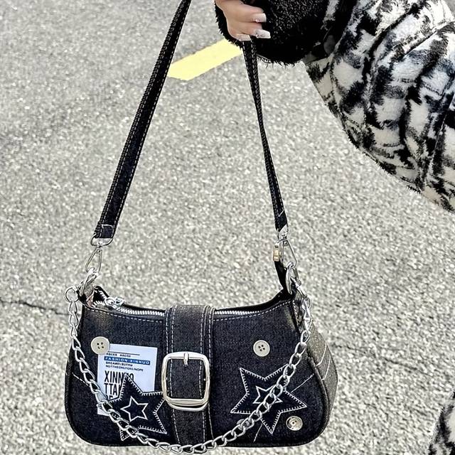TEMU Y2k Women's Geometric Crossbody Bag - Lightweight Polyester Shoulder Bag With Secure Zipper Closure, Fixed Strap & Chain Accents, Versatile Handbag For Daily Use Or Gift (blue/black)