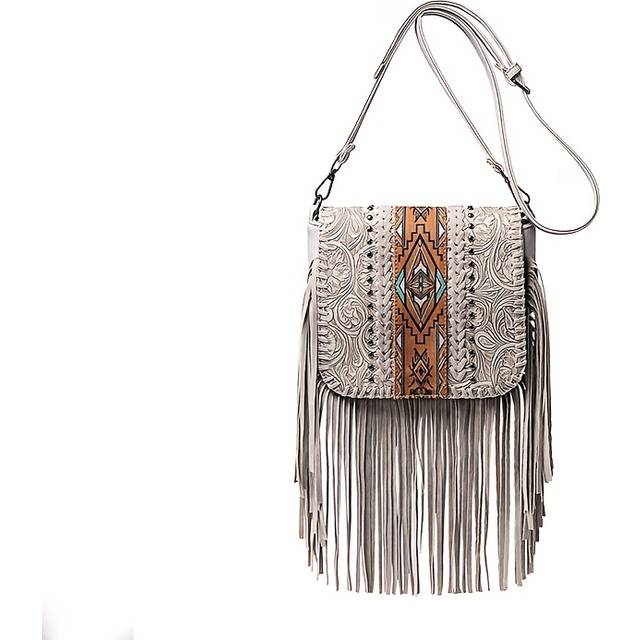 TEMU Women's Retro Bohemian Crossbody Bag With Adjustable Shoulder Strap - Ethnic Geometric Pattern, Tassel Accents & Rivet Details, Coffee/dark Brown/gray, Versatile For Casual & Formal Outfits