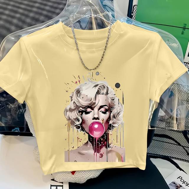 TEMU Women's Y2k Retro Style Graphic Crop Top T-shirt - Soft, Stylish Yellow Tee With Pop Art Design, Comfortable Casual Wear For Casual Attire, Top | Y2k Fashion | Soft Fabric