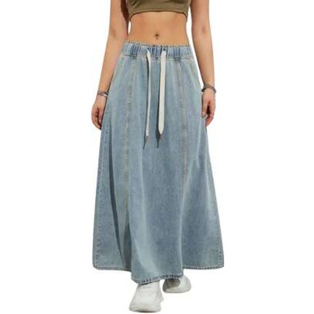 SHEIN Women&#39;s Summer Casual Denim Long Skirts Elastic Drawstring High Waist A Line Flare Jean Skirt
