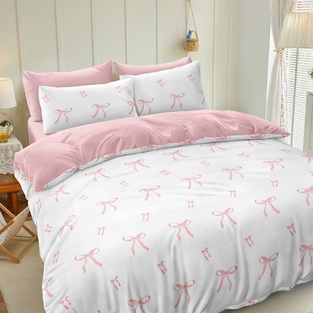 TEMU Jit3pcs 85g2 Month Chemical Fiber Polyester Pink Striped Bow Quilt Cover Set, Three-piece Bedding Set, 1 Quilt Cover 2 Pillowcases, Duvet Cover Set, Digital Printing, Ten Sizes