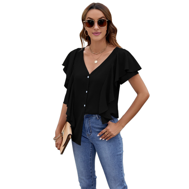Womens Dressy Casual Tops V Neck Button Down Shirts Ruffle Short Sleeve Blouse