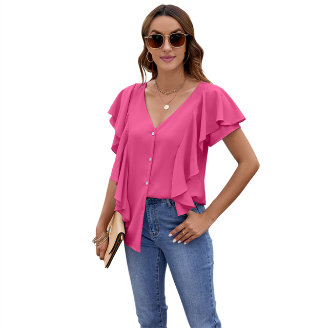 Womens Dressy Casual Tops V Neck Button Down Shirts Ruffle Short Sleeve Blouse Rose Red S