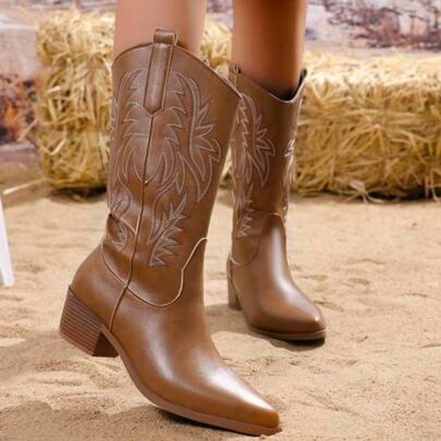 SHEIN New Women Western Cowboy Boots, Style With Jorts Pointed Toe Embroidery Chunky Heel Mid-Calf Fashion Plus Size Riding Boots,Perfect With Cardigan