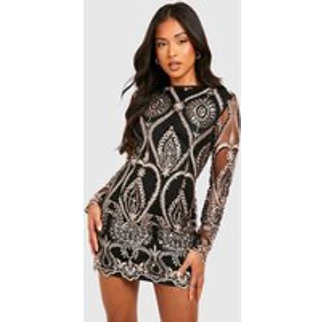 Womens Petite Damask Sequin Long Sleeve Mini Dress - Gold - 12, Gold