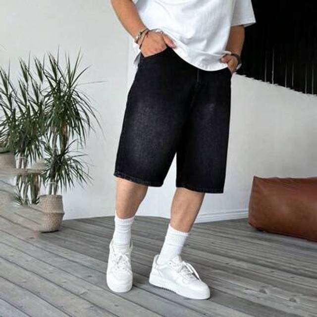 SHEIN Men&#39;s Casual Washed Denim Shorts, Summer Drawstring Elastic Waist Design Loose Fit Knee Length Pants