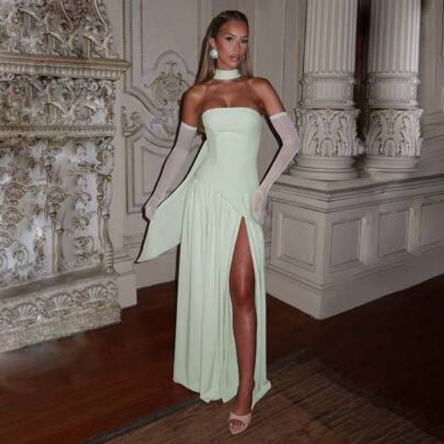 SHEIN Elegant Sexy Strapless High Slit Flowy Evening Dress, Party Gown