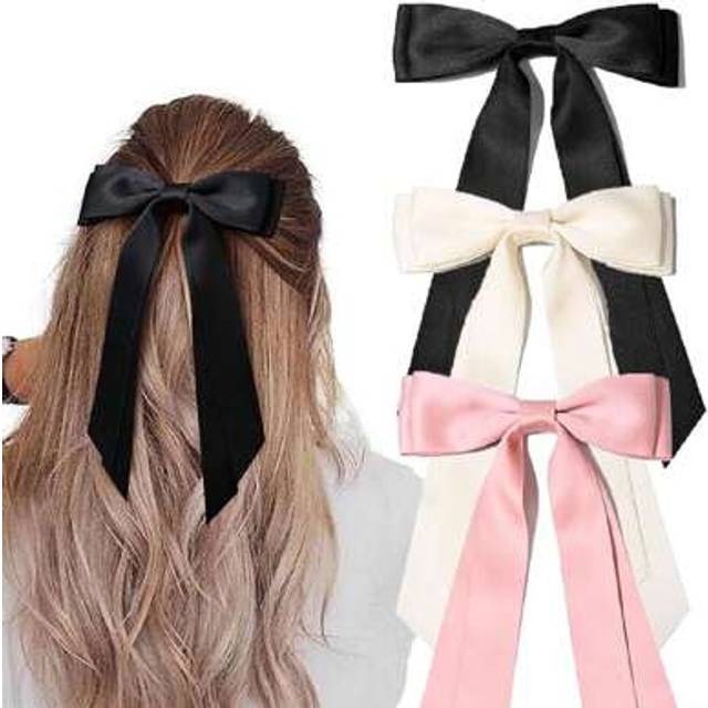 SHEIN 3 PCS Silky Satin Hair Bows Hair Clip Pink Hair Ribbon Ponytail Holder Accessories Slides Metal Clips Hair Bow For Women Girls Valentine&#39;s Day Valenti