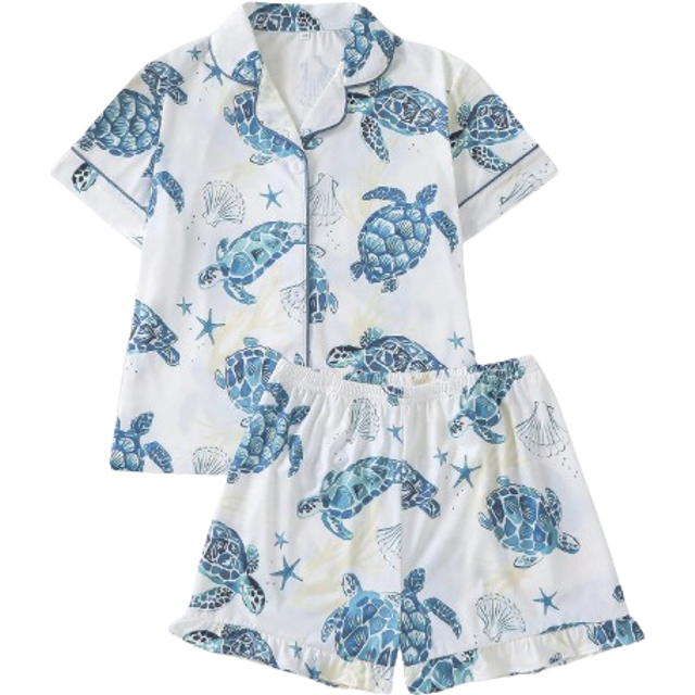 SHEIN 2pcs Kids Sleepwear Set, Summer New Short Sleeve Casual Cardigan Washable Blue Sea Turtle Printed Pajama Clothes For Boys Girls, Suitable For Older Ki