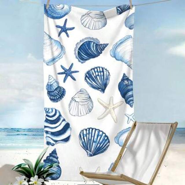 SHEIN 1pc Marine Life Starfish & Shell Print Microfiber Rectangular Beach Shawl, Beach Mat, Bathroom TowelSummer Travel,Vacation Holiday Bathroom Decor Beac