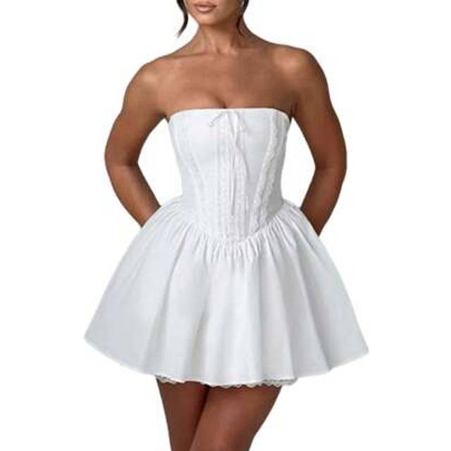 SHEIN Women&#39;s Summer Casual Corset Mini Dress Strapless Lace Trim Solid Color Tube Top Dress Short Party Dress