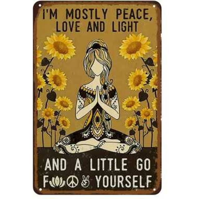 SHEIN Vintage Boho Tin Sign - &#34;I&#39;m Mostly Peace, Love, And Light&#34; Inspirational Metal Wall Art With Sunflowers And Meditation Symbols - Retro Decor For Home