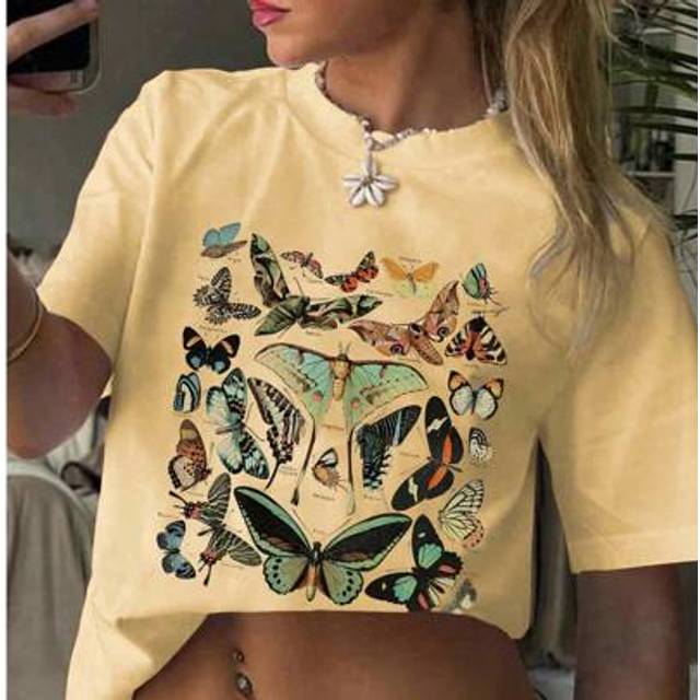 SHEIN Vintage Butterfly And Moth T-Shirt For Women Casual Aesthetic Nature Short Sleeve Shirt Funny Animal Graphic Tees
