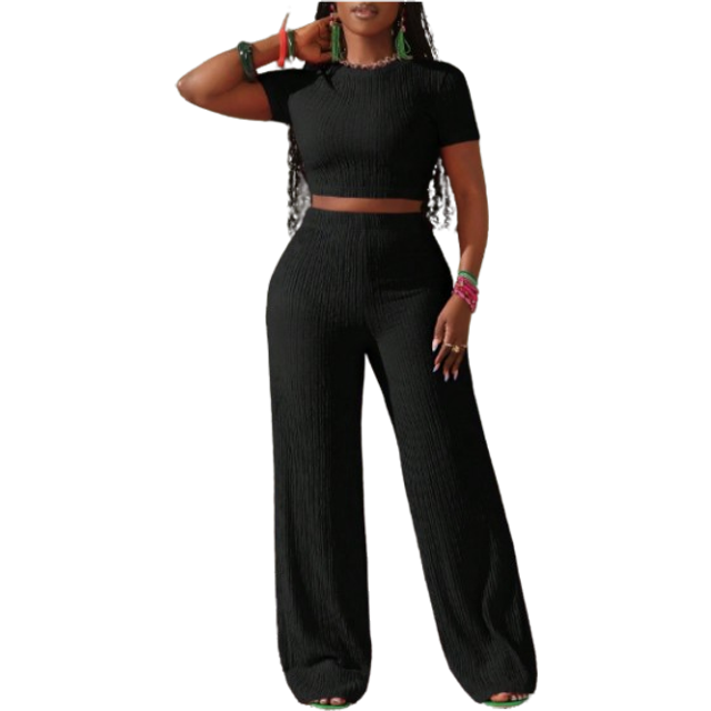 Slaydiva New Casual Basic Sports Style Spring And Summer Round Neck Short-Sleeved Truncated T-Shirt + Wide-Leg Super Long Pants Rose Red Striped Texture Knitte