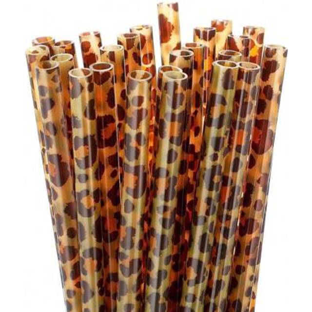 SHEIN 1/5/10/15/20/30PCS Reusable Leopard Print Plastic Straws, Creative Animal Print Drinking Straws For Jungle Animal Birthday Party, Animal Birthday Part