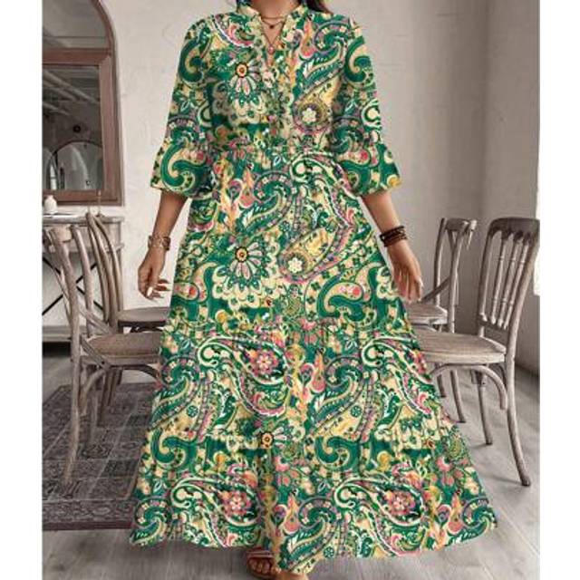 Luneh Casual Simple Green Floral Print Elegant Plus Size Summer Vacation Dress,Maxi Dress