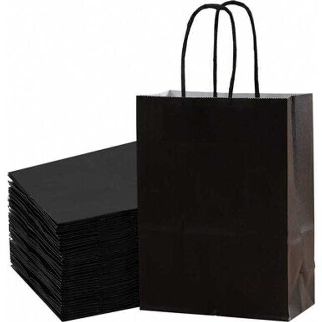 SHEIN 5/24pcs Medium Size 16x22x8cm Black Kraft Paper Bag, Reusable Gift Bag For Birthday, Party, Wedding, -Friendly, Suitable For Friends&#39; Gifts