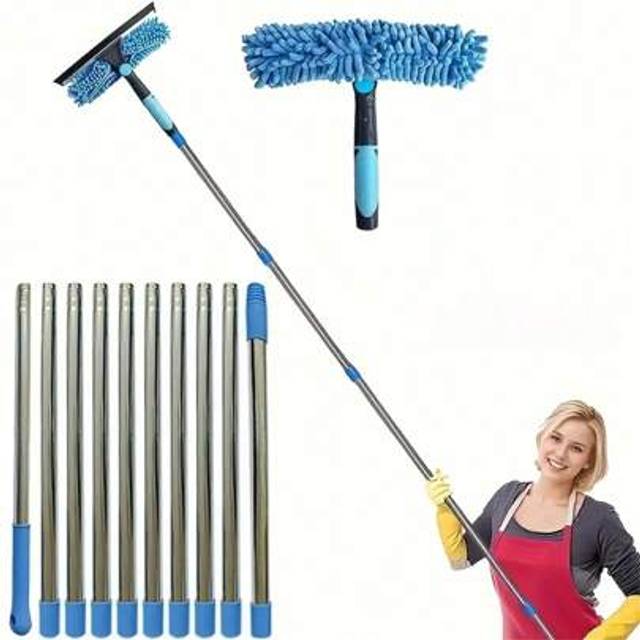 SHEIN 1 Set 2-In-1 Window Cleaning Brush And Squeegee Kit, With Extendable Stainless Steel Handle, Reusable Squeegee Blade, Suitable For Outdoor And Glass C